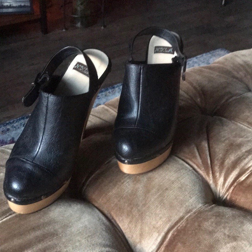 Leather platform heels.